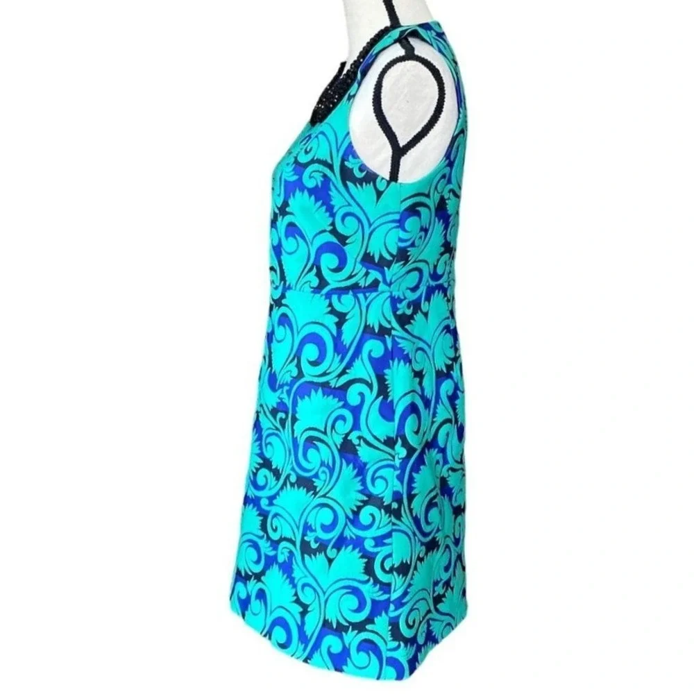 Stunning Sleeveless Beaded Collar Dress Bold Blue Teal Print A-Line‎ Women 4
